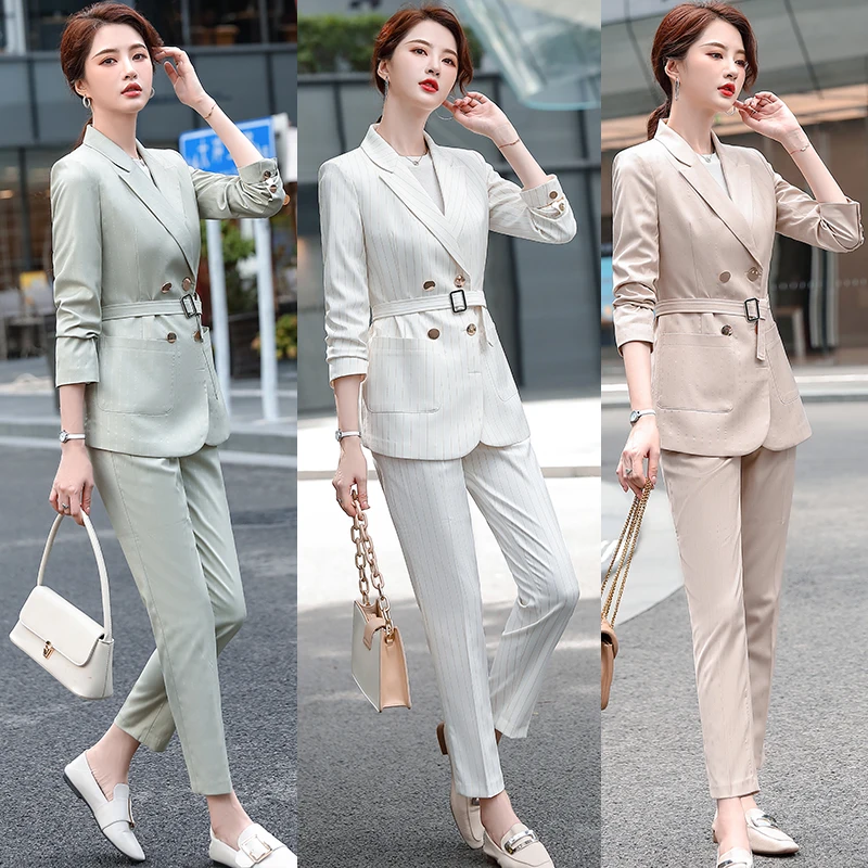 Женские костюмы в полоску блейзер с поясом женская модная куртка деловая одежда
