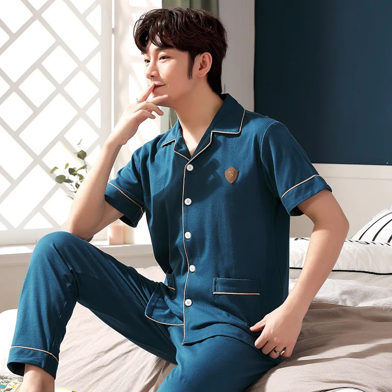 New men's spring and summer cotton short sleeve pants pajamas casual loose Plaid home wear set | Мужская одежда