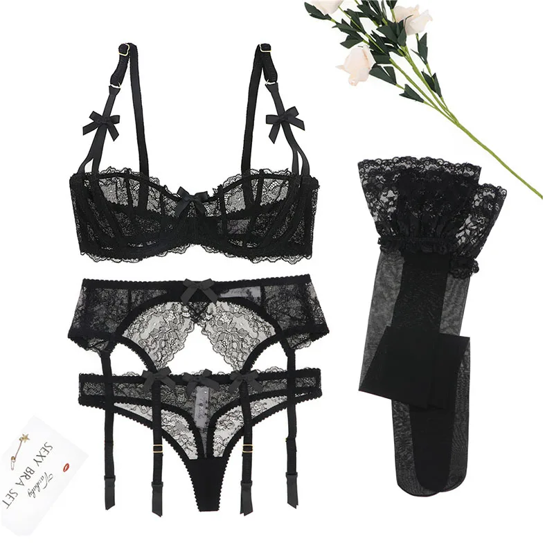 Varsbaby new arrival sexy lace transparent unlined 1/2 cup underwear set bra+thongs+garters+stockings 4 pcs