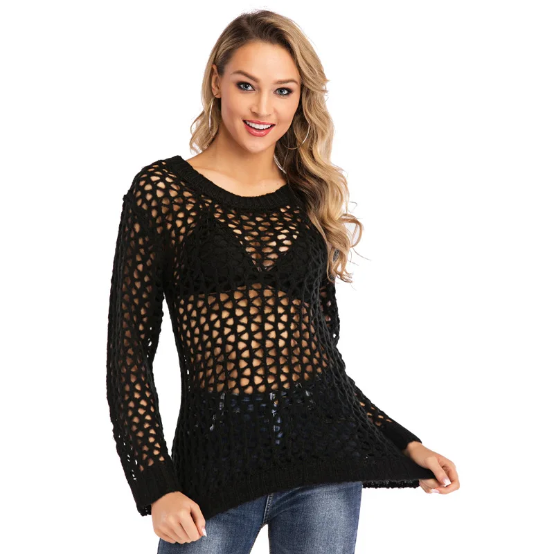 Женский прозрачный свитер сетчатые топы вязаные пуловеры с вырезами свитеры