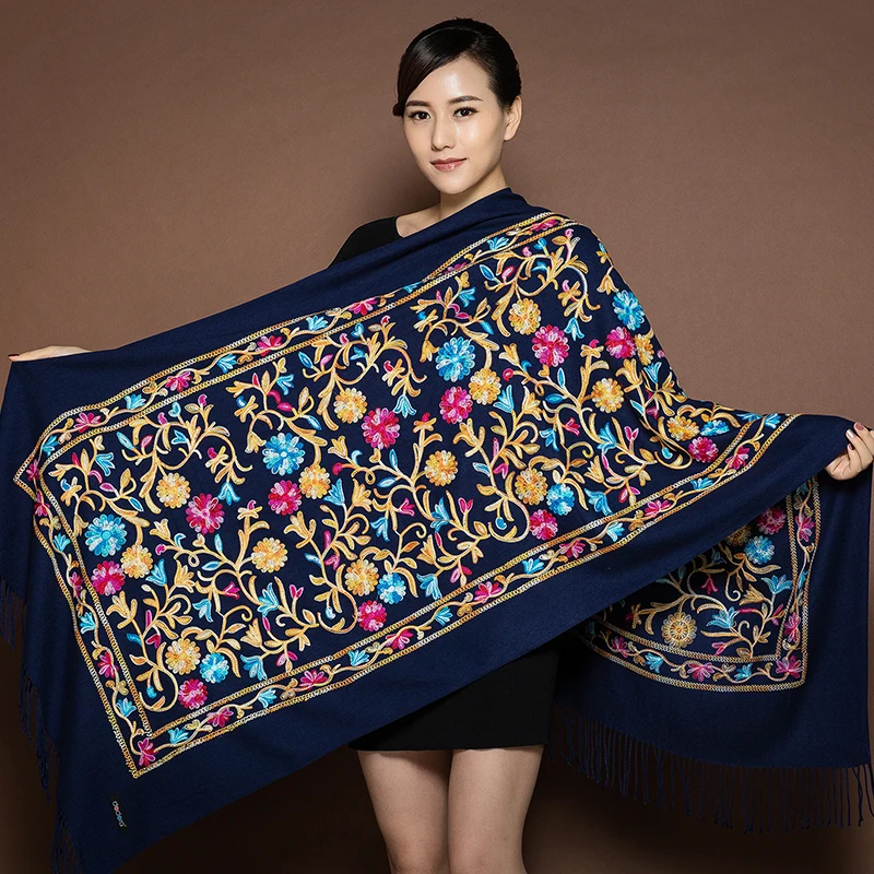 navyblue 200*70 см женский вышитый цветок кашемировый шарф Пашмина зимний теплый шарф с кистями шаль модный шаль для путешествий шарфы - Цвет: navyblue