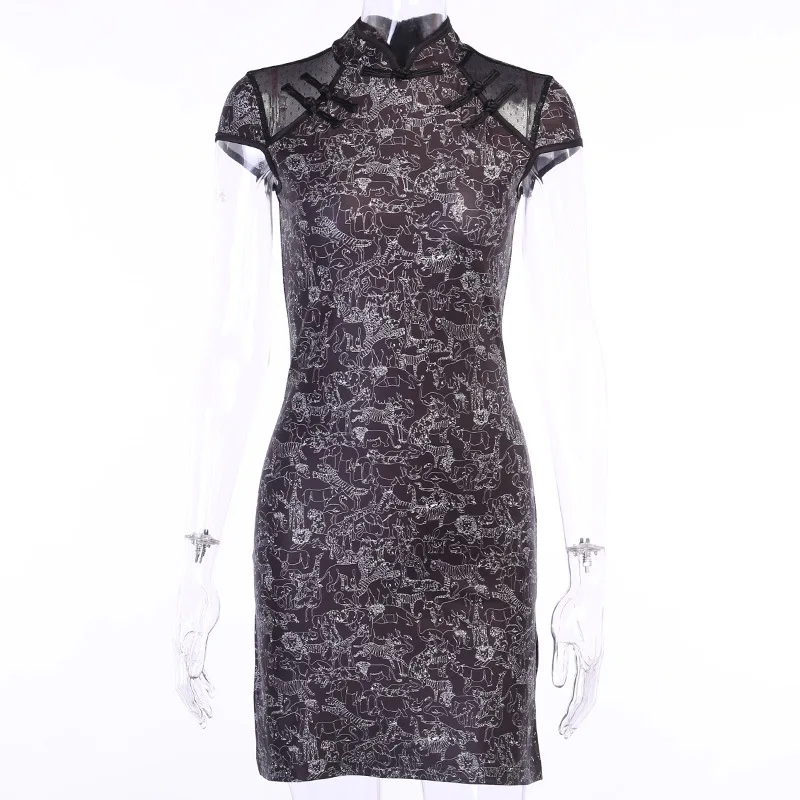 

Retro Hong Kong Slim Slim Thin Split Sexy Dress Female Ins Floral Improved Cheongsam Girl Short Skirt