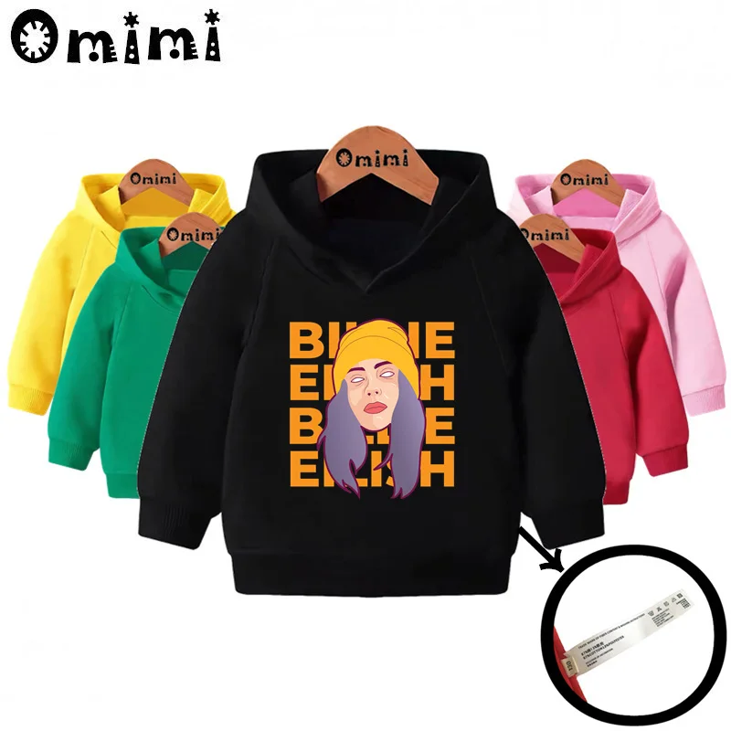 Детские толстовки с принтом Billie Eilish; Детские повседневные толстовки с капюшоном; пуловер для малышей; топы для маленьких девочек и мальчиков; осенняя одежда; KMT4569