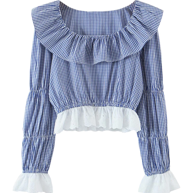 

Sweet Little Plaid Princess Shirt Vintage Girl Lace Ruffled Stitching Long Sleeve Shirt French High Waist Shirt