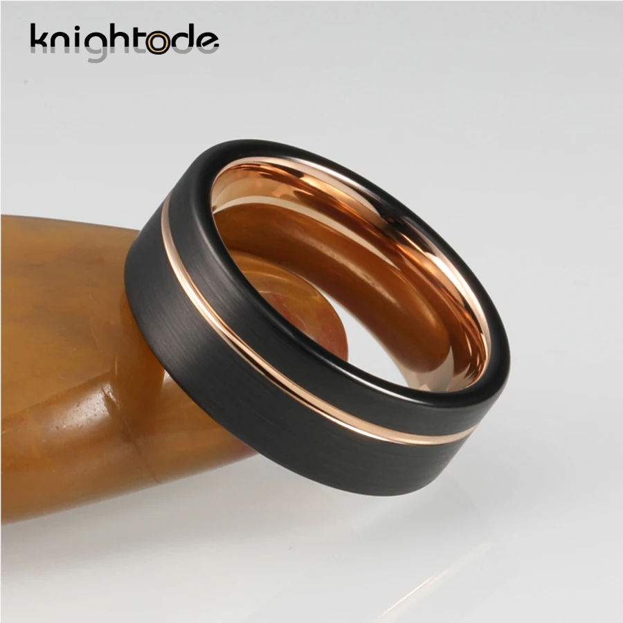 Двухцветное 8 мм черное кольцо из карбида вольфрама розовое золото офсетная