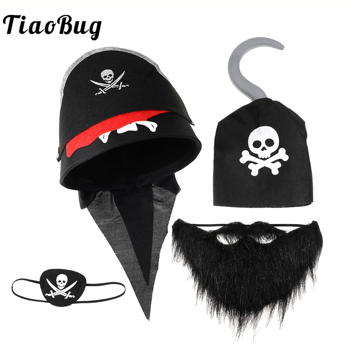 

4Pcs Skull Print Pirate Hat Eye Patches Set Captain Hat Eye Mask Beard for Pirate Party Cosplay Dress Up Theme Party Halloween