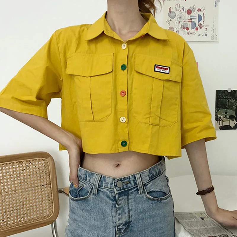 

Korean Version Of Harajuku College Style Lapel Casual Short-Sleeved Double Pocket Rainbow Button Loose Single-Breasted Shirt