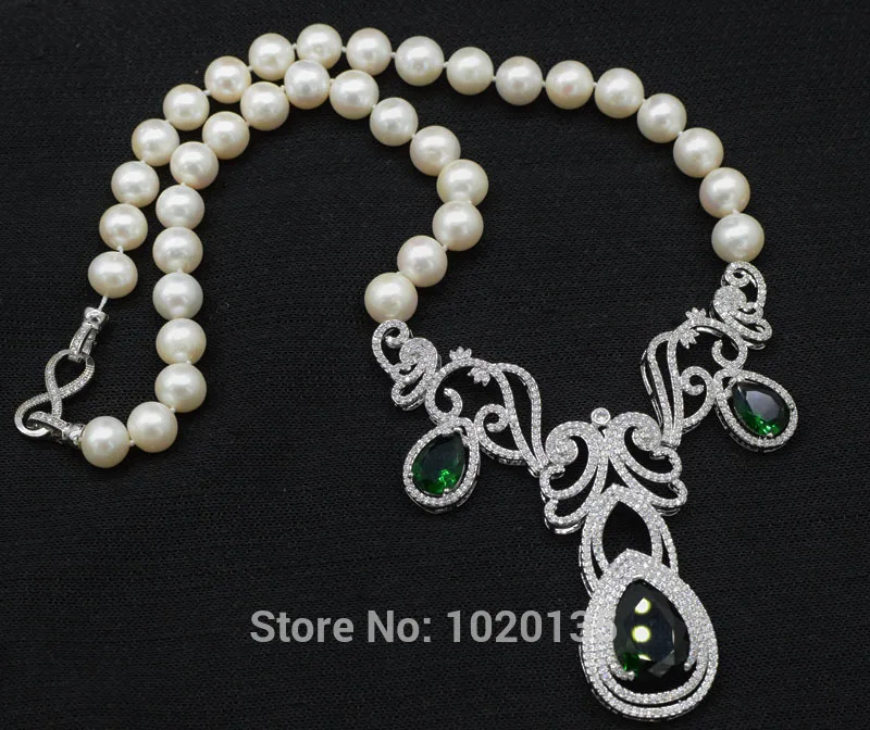 Ожерелье и серьги круглой формы с пресноводным жемчугом 10-11 мм зеленым Цирконом -
