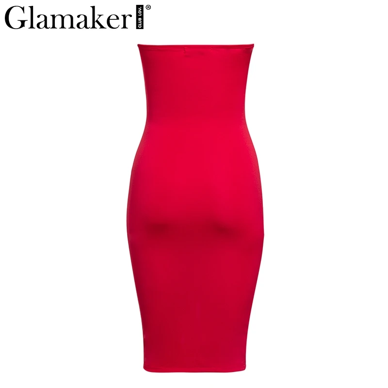 Glamaker, сексуальное женское платье без бретелек, с вырезом, с красным бантом, с разрезом, миди, вечерние, облегающее платье, элегантное, черное, для клуба, на пуговицах, короткое платье