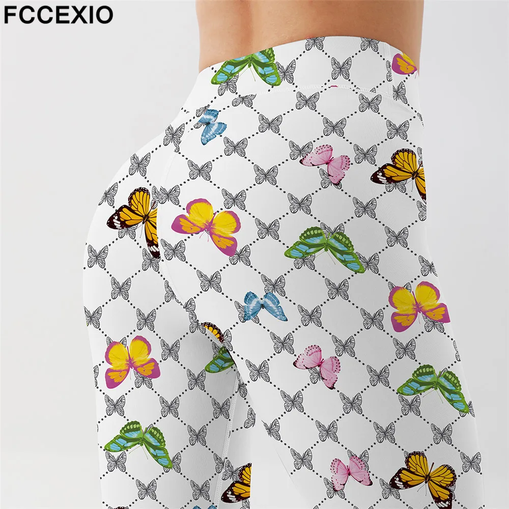 

FCCEXIO Checkerboard Color Butterfly 3D Print Women High Waist Workout Pant Fitness Slim Soft Stretch Sexy Leggings