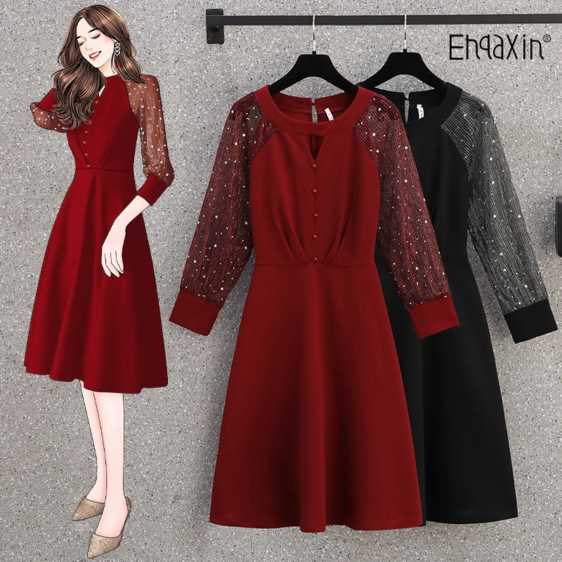 EHQAXIN Spring Ladies Dress Elegant Round Neck Hollow Sequin Mesh Button A-Line Skirt Party Dress For Female L-5XL