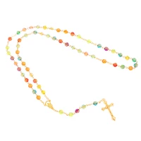 womens jesus cross pendant rosary rose flower 6mm beads long chain sweater necklace