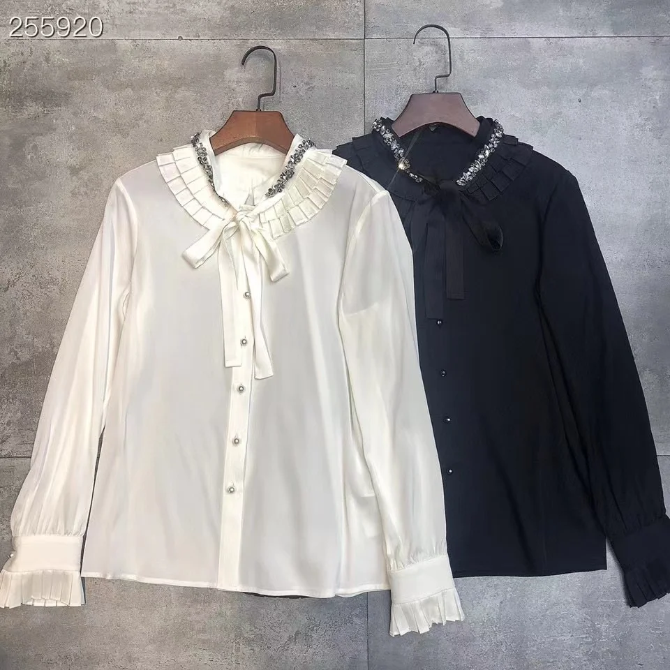 

Fyion Sicily Silk Shirt Summer Spring New Fashion Design Women Diamonds Runway High Vintage Solid White / Black Casual Top
