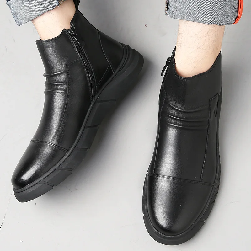

Fall 2020 New Men's Leather Shoes Casual Fashion British High-Top round Toe Slip-on Genuine Leather Boots Fleece-Lined