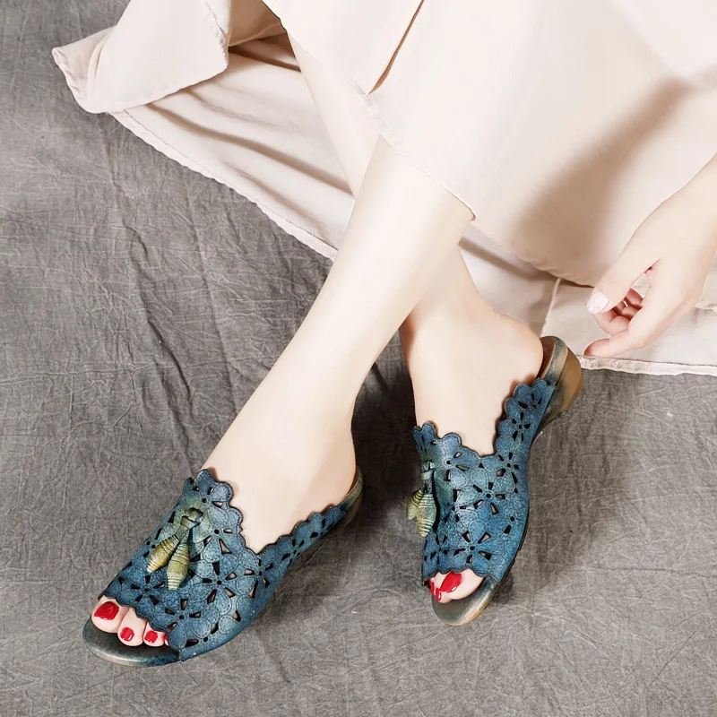 

Women Slippers Leather Low Heels Summer Shoes For Women Peep Toe Embroidery Genuine Leather Women Slippers Retro Handmade Brand