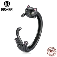 bisaer 925 sterling silver lovely cat cartoon open ring fashion black rings for men and women party jewelry birthday gift efr217