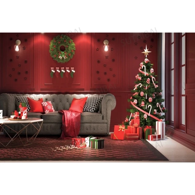 Merry Christmas Backdrop Tree Gift Socks Fireplace Baby Child Portrait Photo Backgrounds Poster Photography Photo Studio Props