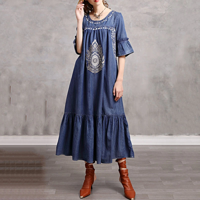 

SeeBeautiful Simple O Neck Flare Sleeve Ruffles Embroidery Loose A-line Denim Dress Woman Summer 2022 New Fashion T388