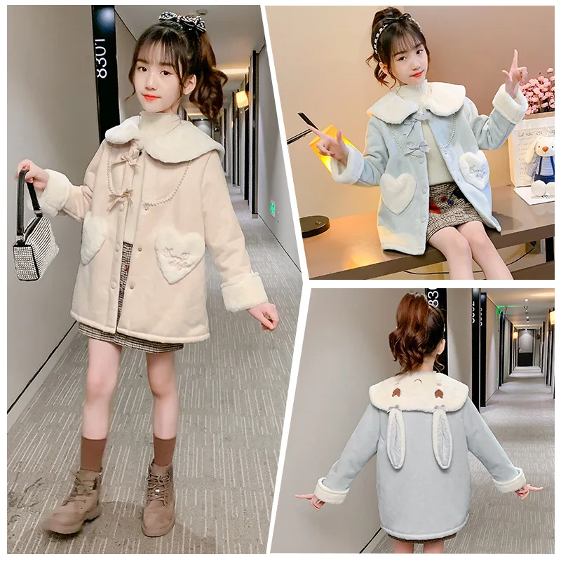 

2020 Cartoon Rabbit Woolen Winter Coat Long Thicken Jacket For Girls Cotton Childrens Jacket Girls Clothes For 4-12 Years Old