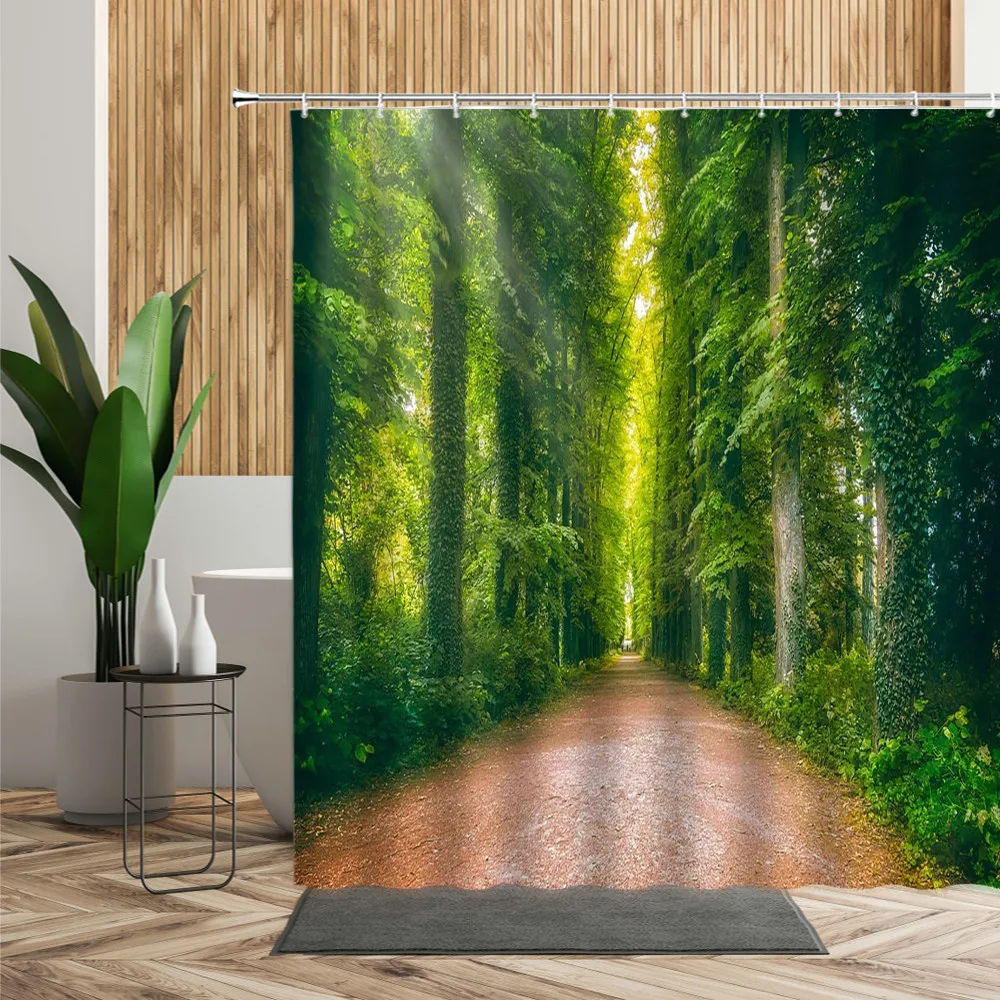 Занавеска для душа с изображением ступенек зеленого леса пейзаж в стиле ретро