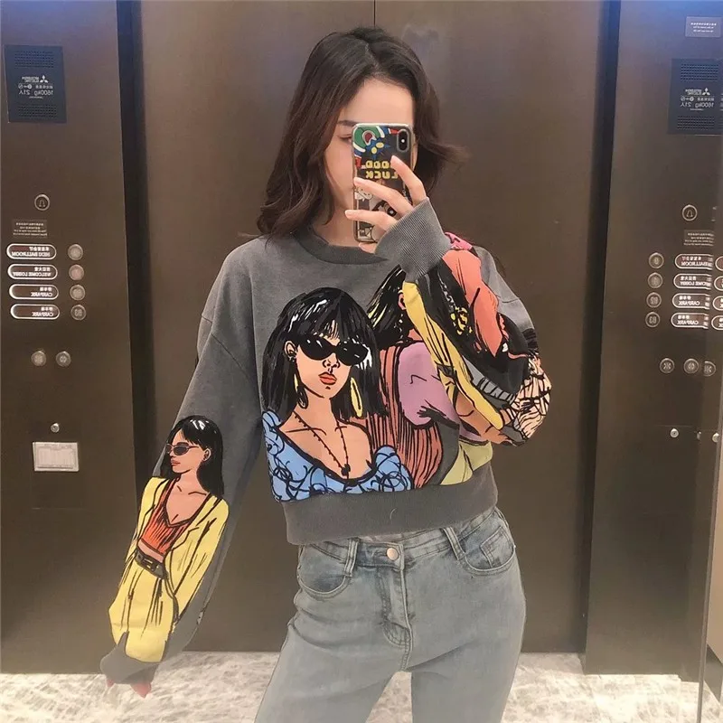 Женский Укороченный свитшот с принтом TMODA1068 Za весенний Свободный пуловер