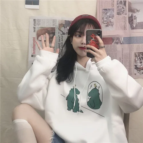 Cartoon Dinosaurs Printed Casual Loose Basic Black Simple College Wind Cute Fresh Hot Sale Winter Female Women Hoodies