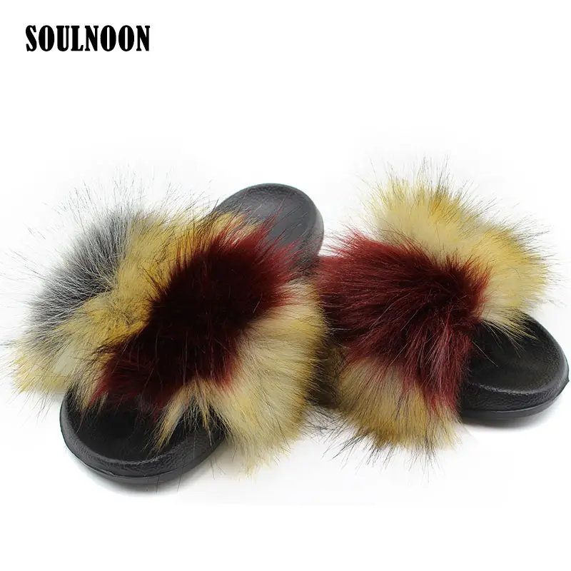 

Женские меховые шлепанцы, сланцы из искусственного лисьего меха, теплые домашние тапочки, уличные пляжные сандалии, повседневная обувь