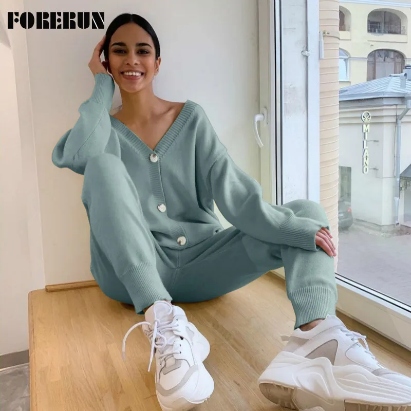 

FORERUN Two Piece Set Women Casual Lounge Wear Set Batween Sleeve Knitted Cardigan Tops and Long Pants Tracksuits