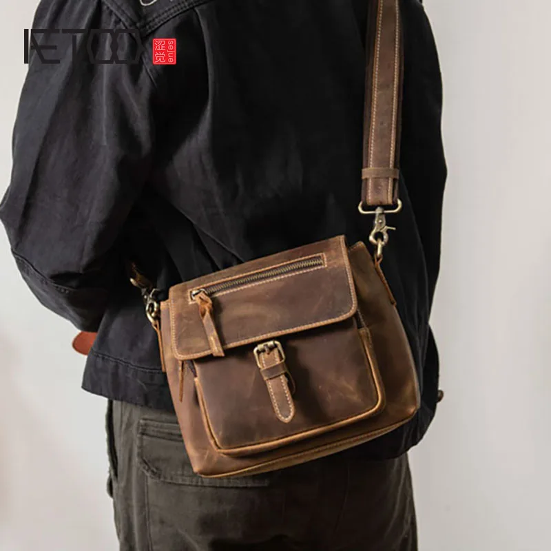AETOO Men's Crazy Horse Leather Shoulder Bag, Genuine Leather Casual Diagonal Bag, Crazy Horse Leather Men's Handbag