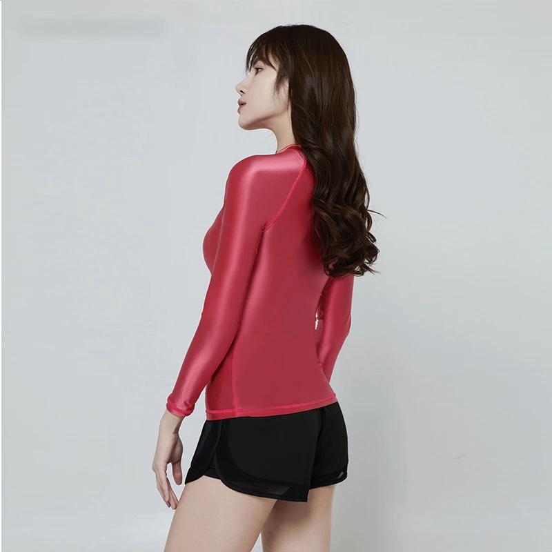 DROZENO One-piece swimsuit ladies sexy solid color smooth round neck long sleeve top Long shiny long sleeve surfer swimsuit sexy