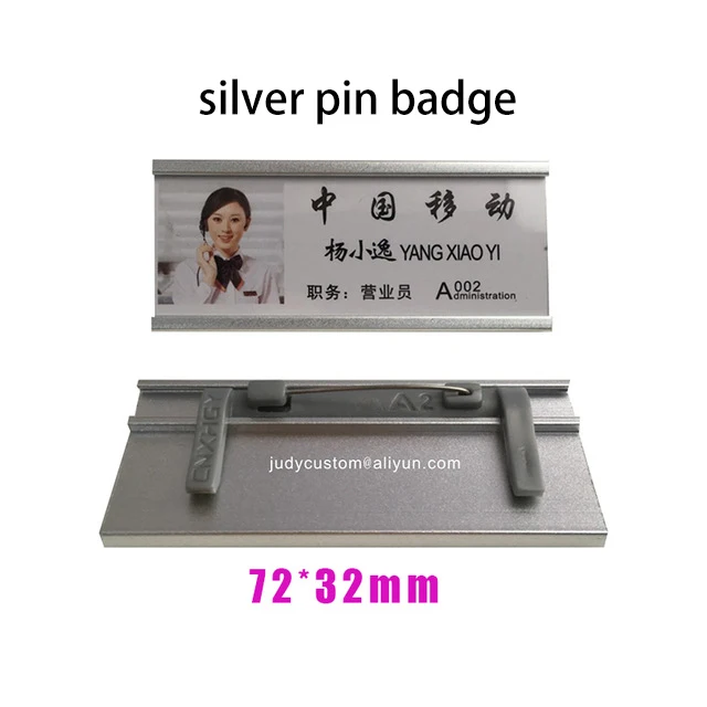 silver pin 72X32mm 20 шт пустые Сменные именные ярлыки многоразовые значки с магнитным или штырьковым значком для имени персонала отеля с металлической табличкой - Цвет: silver pin 72X32mm