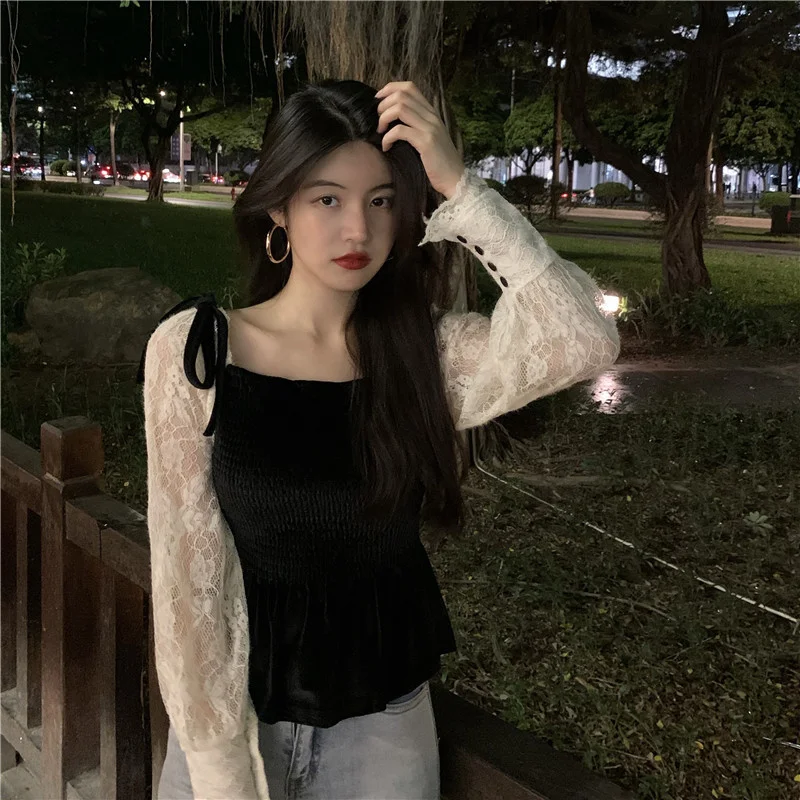 

Женские рубашки с кружевом и бархатной строчкой, в стиле ретро