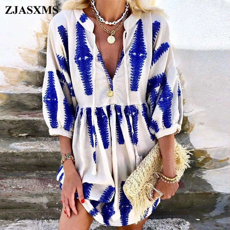 

Boho Dress 2021 Women V Neck Tassel Pullover Mini Dress Spring Autumn Long Sleeve Pattern Printed Patchwork Party Dress Vestidos