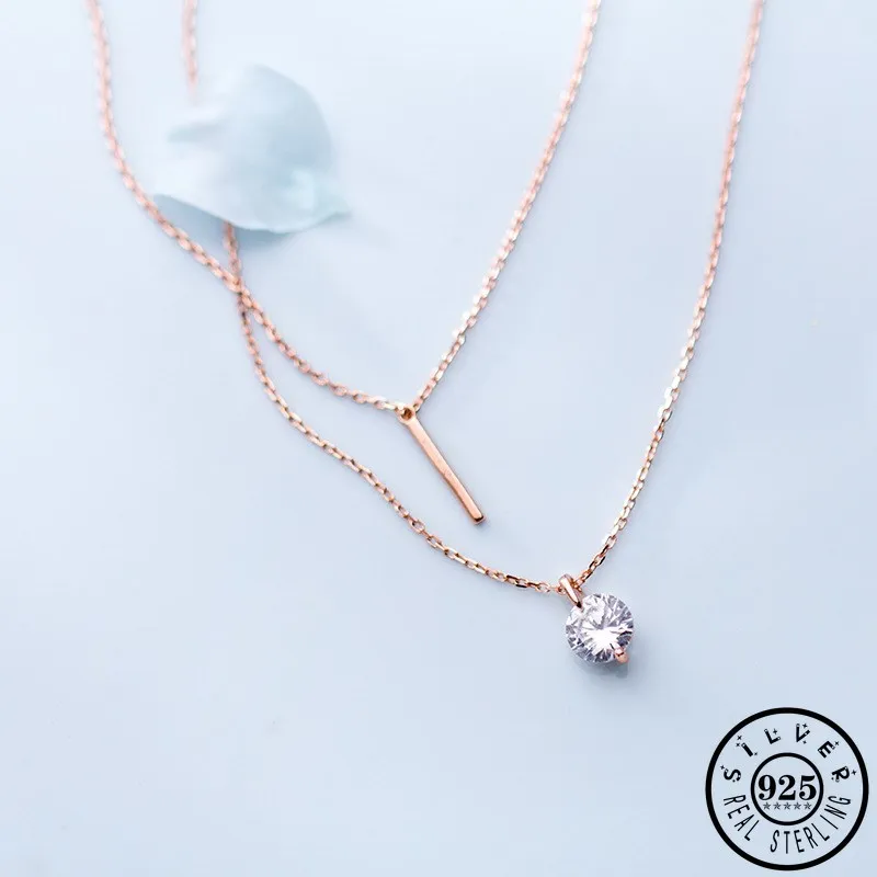 

925 стерлингового серебра минималистский геометрический круглый циркон кулон из розового золота Цвет двойной Слои цепи ожерелье для женщин