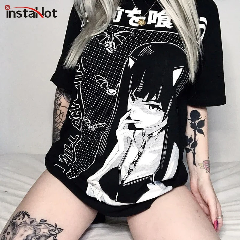 Женская футболка оверсайз InstaHot готическая Черная в стиле Харадзюку с коротким