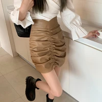 solid pu leather pleating women mini skirt with lining summer autumn ruffled slim sexy high waist skirts lady chic style bottom