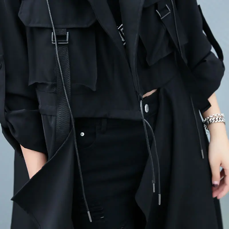 Женский Асимметричный Тренч [XITAO] Черный Повседневный с отложным воротником и
