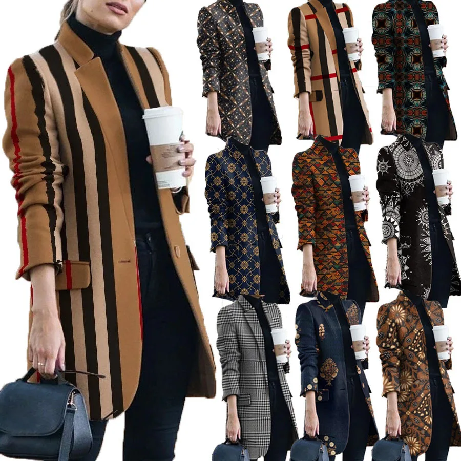 

Autumn and winter 2021 new fashion printed stand collar wool coat women