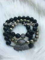 boho pave zicro feather charm oval cz pyrite bracelet women bracelet for women agate beads women bracelet