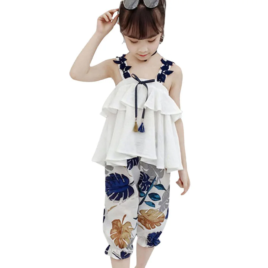 Одежда для девочек кружевной жилет с вырезом + штаны цветочным принтом комплект