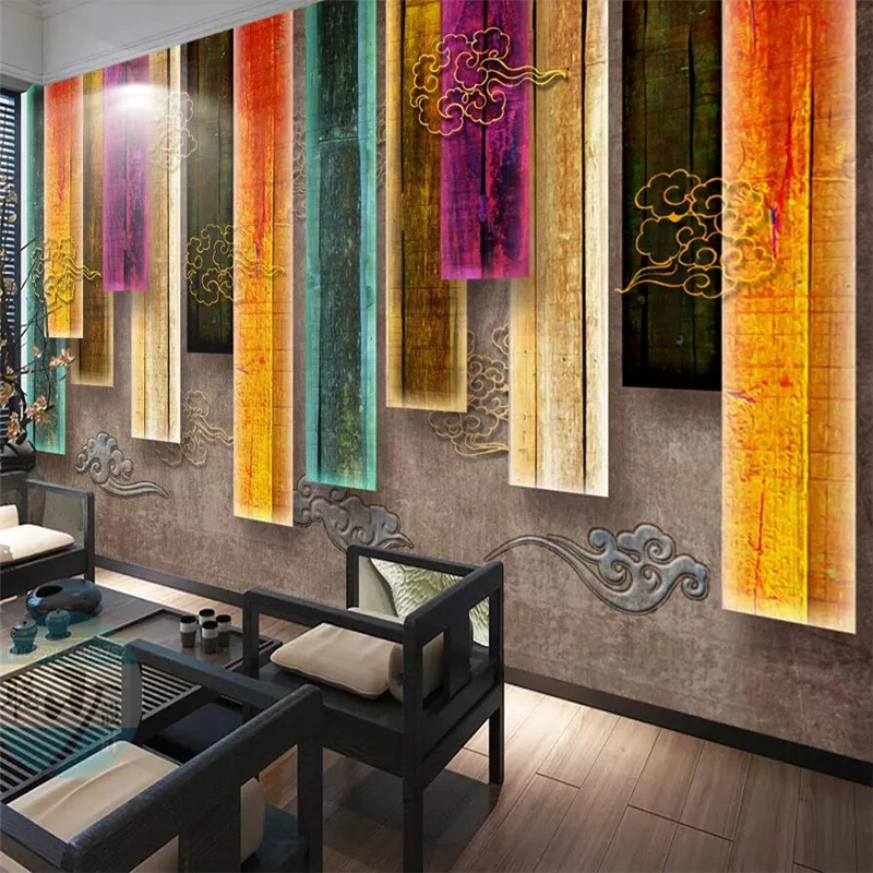 Customize Three-dimensional retro box auspicious cloud living room sofa TV background wall custom large mural green wallpaper |