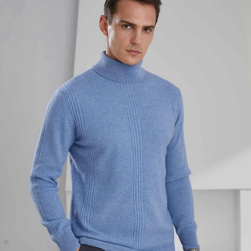 High Lapel Twist Pattern 100% Cashmere Knitted Sweaters New Fashion Autumn/Winter Men Jumpers Warm 5Colors Male Tops