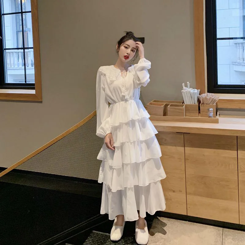 Женское платье с каскадными оборками элегантное однотонное длинное вечернее