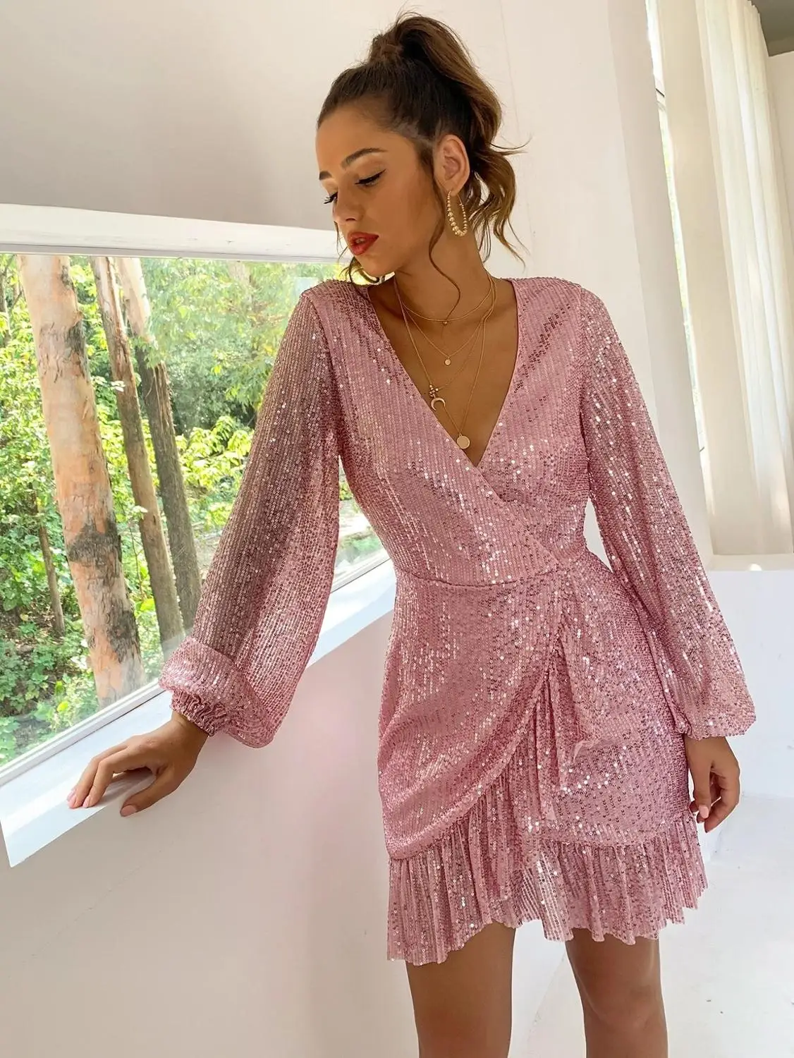 

pink sequined dresses for women 2021 latest fall winter long-sleeved v-neck tight hip party dress sexy irregular mini dress