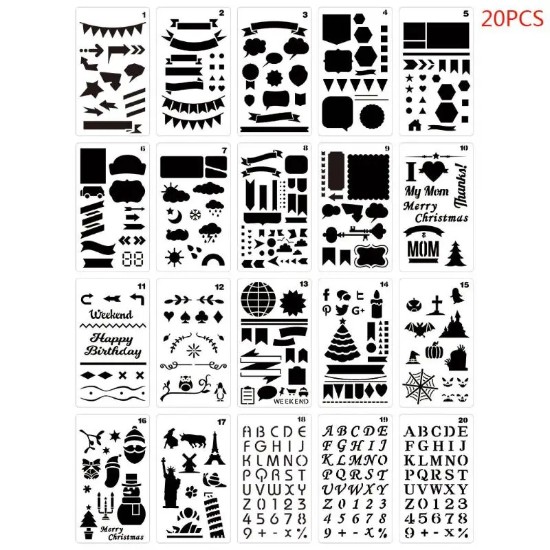 

20pcs/set Journal Drawing Template Stencil Painting Embossing Scrapbooking DIY Diary Decorative Art Craft N1HD