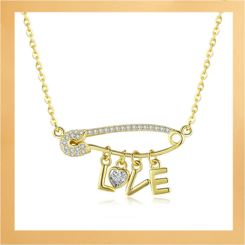 

bamoer Gold Color Necklace Colletion 925 Sterling Silver Pin Love Letter Chain Necklace for Women Rainbow Design Jewelry