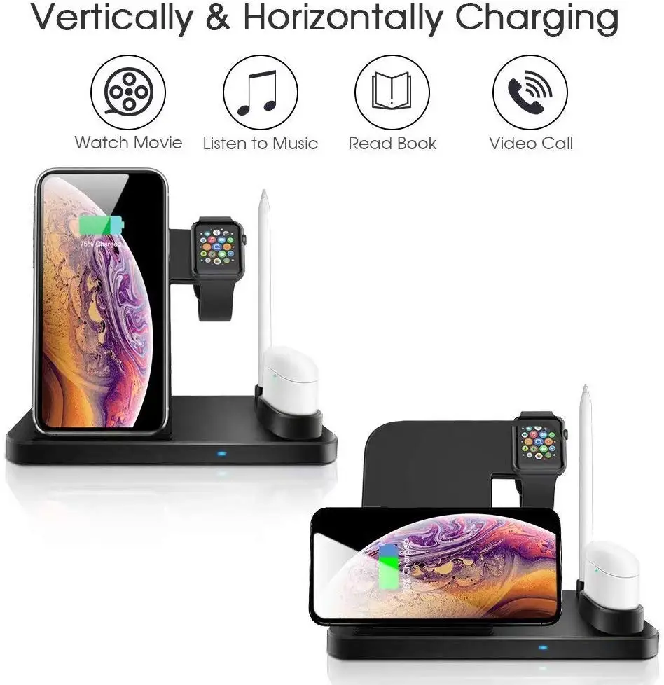 FDGAO 4 в 1 зарядная док-станция Подставка держатель для ручки USB C Складная 10 Вт Быстрое беспроводное зарядное устройство Qi для IPhone 11 Pro XS Max XR X 8 Apple Watch 5 4 3 2 1 Airpods samsung S10 S9 s8 Plus Note