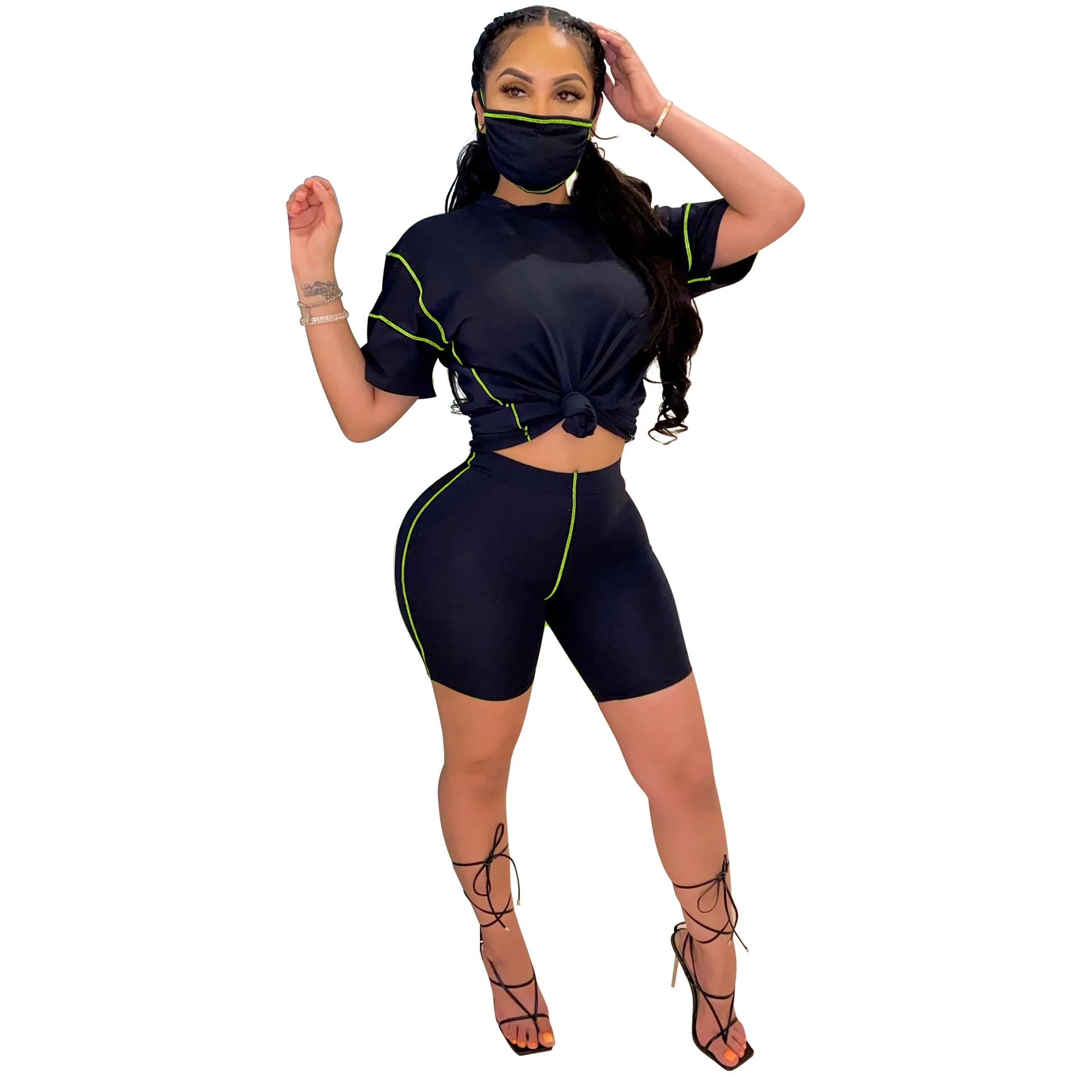 

Zoctuo Patchwork 2 Piece Set Summer Short Sleeve Women Set Outfit Tee Tops Moto Biker Shorts Jogger Sweatpants Suit Tracksuit