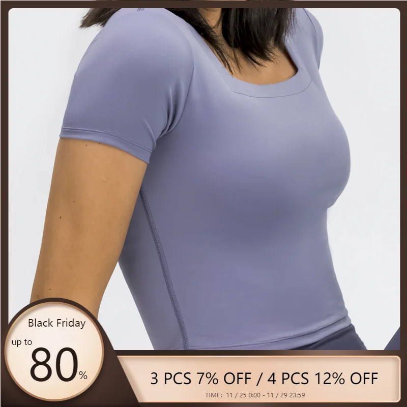 

Nepoagym WILLPOWER Crop Women's Tops with Built In Bra Short Sleeve Brushed Summer Tops Square Neck Compression Sport Shirts