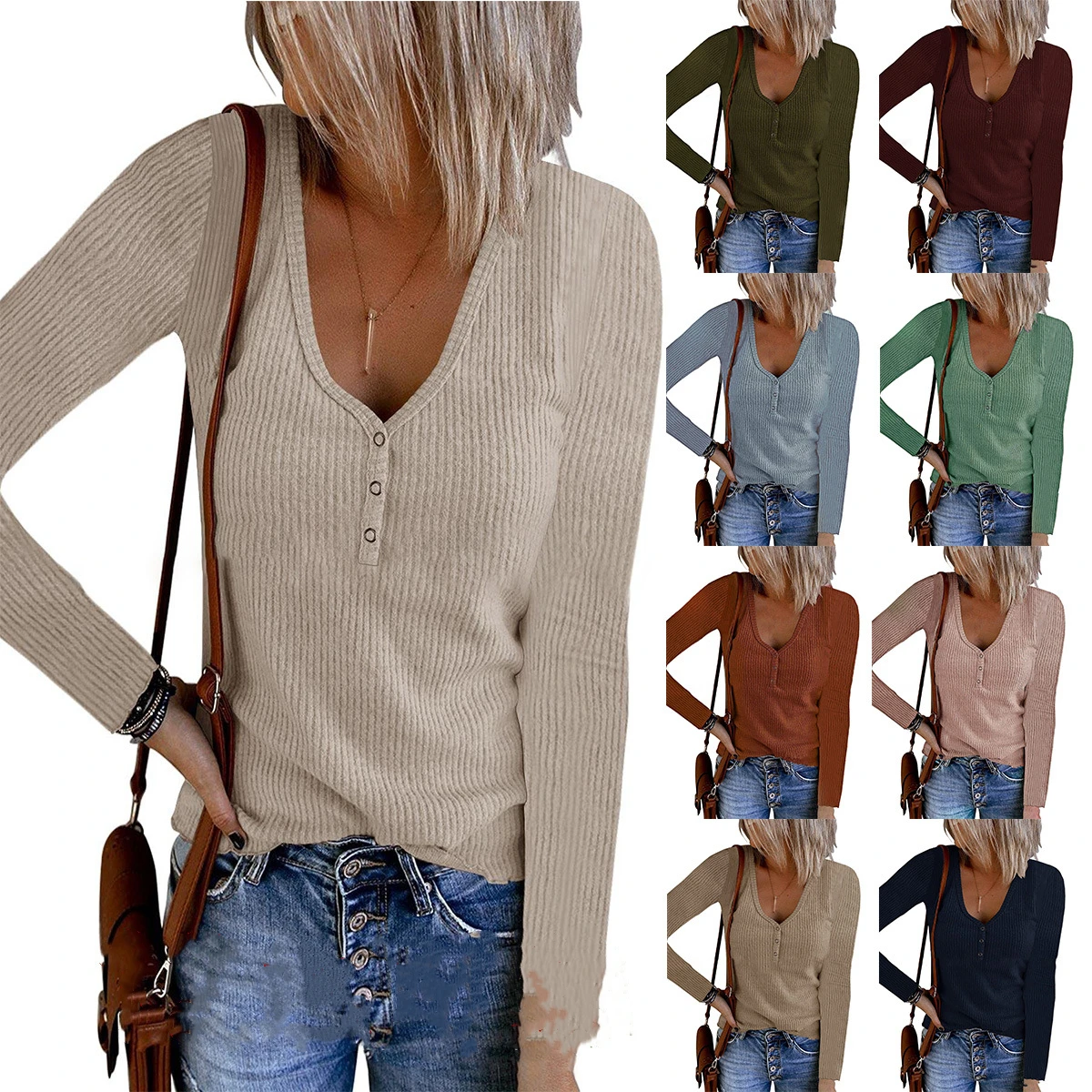 

2021 Autumn New Women's T-shirt Button Vest Solid Color V-neck Long-sleeve Top